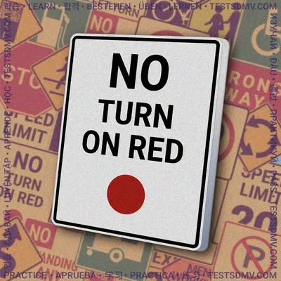 A white vertical rectangular sign with a black border. It has the words "NO TURN ON RED" in black capital letters and a solid red circle symbol at the bottom.
