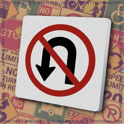 A white square sign with a black U-shaped arrow pointing downwards, covered by a red circle with a diagonal slash through it.