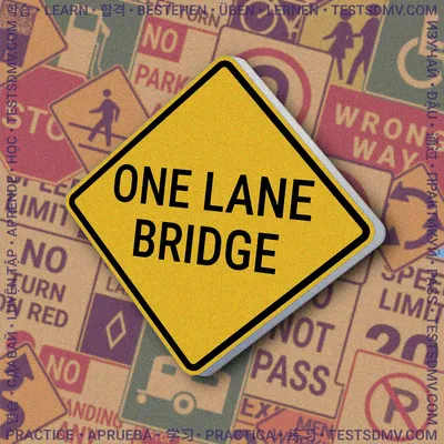 A yellow diamond-shaped sign with a black border, containing the words "ONE LANE BRIDGE" in black capital letters.