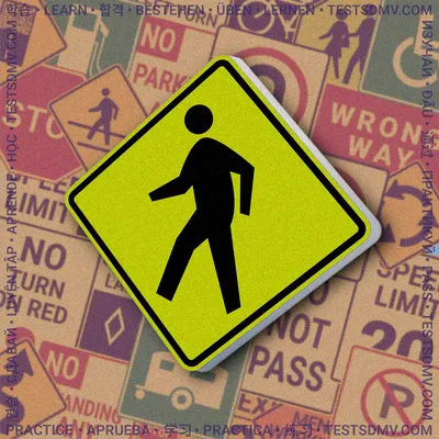A yellow diamond-shaped sign with a black border, featuring a black silhouette of a person walking.