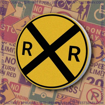 A yellow circular sign with a black border, featuring a large black 'X' that extends to the edges, with a black letter 'R' in the left and right quadrants.