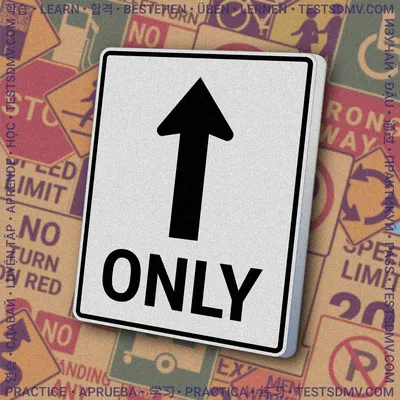 A white vertical rectangular sign with a black border, showing a black arrow pointing straight up above the word "ONLY" in black capital letters.