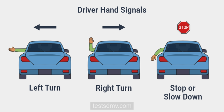 A diagram shows the rear view of a vehicle with a driver using hand signals to indicate a left turn, a right turn, and a stop or slow down.