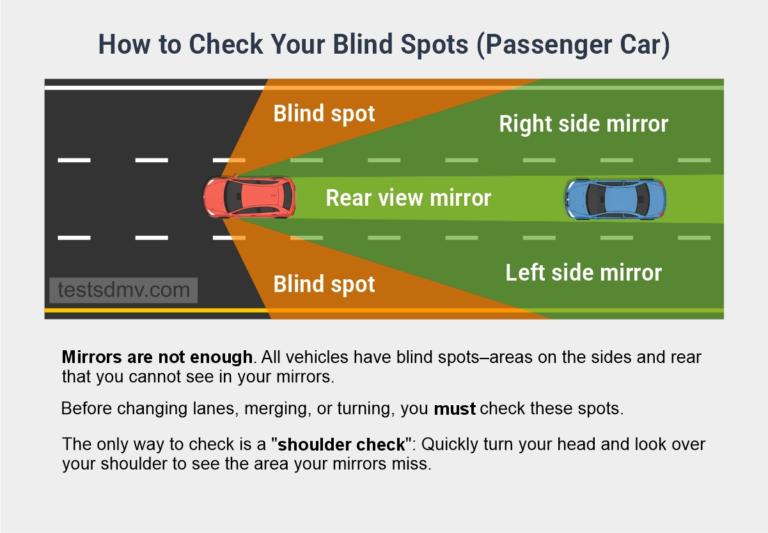 An overhead diagram illustrates a passenger car with green zones representing mirror visibility and orange zones marking blind spots on the left and right sides.