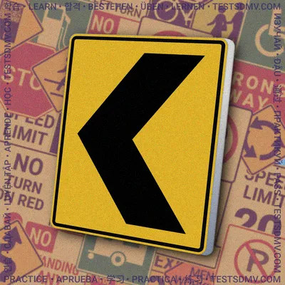 A yellow, vertically-oriented rectangular sign featuring a large black chevron symbol pointing to the left.