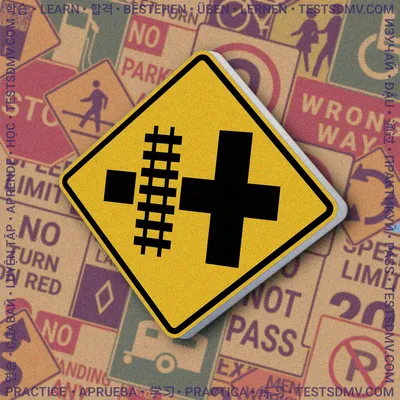 A yellow diamond-shaped sign with a black border, showing a symbol of a railroad track on the left intersecting with a crossroad symbol on the right.