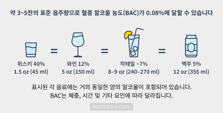 위스키 한 잔, 와인 한 잔, 칵테일 한 잔, 맥주 한 캔의 용량과 알코올 도수를 비교하여 모두 동일한 양의 알코올을 함유하고 있음을 나타낸 인포그래픽입니다.