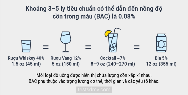 Sơ đồ so sánh bốn loại đồ uống có cồn khác nhau bao gồm rượu whiskey, rượu vang, cocktail và bia với các thông số về nồng độ cồn và thể tích tương đương.